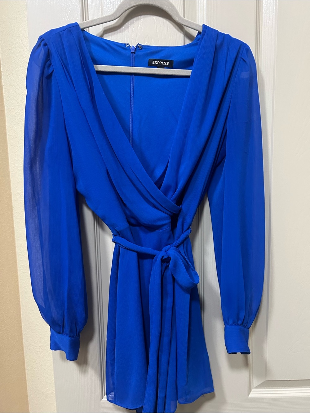 Express Royal Blue Long-Sleeve Romper with Self-Tie Waist